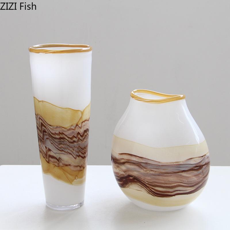 Creative Painted Stripes Glass Vase Table Decoration Artificial Flower Decorative Flowers Arrangement Room Aesthetic Decor
