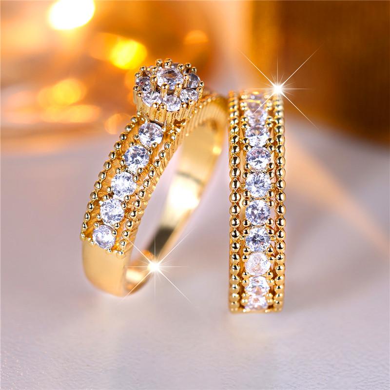 Luxury Female White Round Ring Set Trendy Yellow Gold Color Engagement Bride Wedding Jewelry Gift For Women