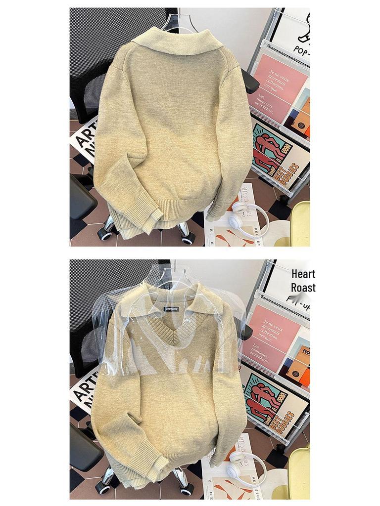 Men's American Retro V-Neck Two-Piece Sweater: Winter Turn-Down Collar Old Money Style Knit for Couples