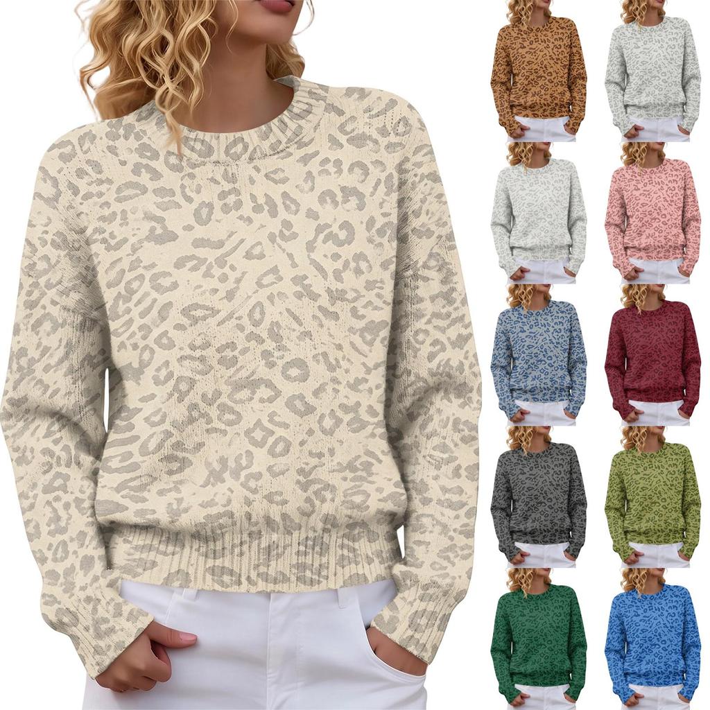 Women's Soft Leopard Print Neck Long Sleeve Sweater Pullover for Fall and Winter