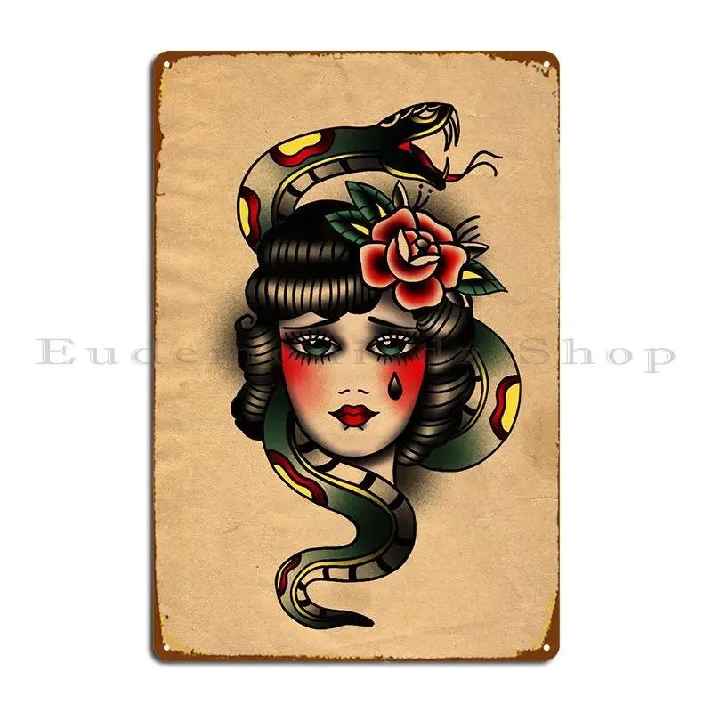 The Lady And The Snake Metal Plaque Wall Cave Painting Home Customize Garage Tin Sign Poster 20x30cm(7.8x11.8inch)