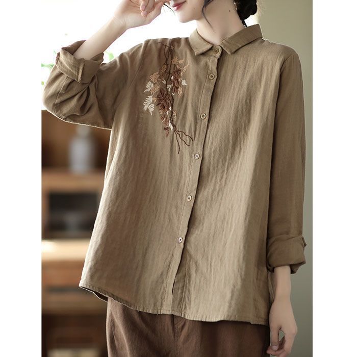 Spring and Autumn New Cotton and Linen Top Simple Literary Women's Long Sleeve Shirt Loose Versatile Flower Embroidered Shirt