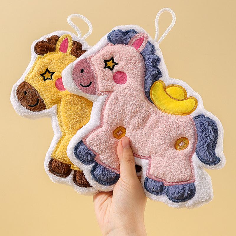 Creative Cartoon Cute Year Pony Hand Towel Coral Fleece Home Kitchen Bathroom Towel Thickened Hanging Absorbent Towels