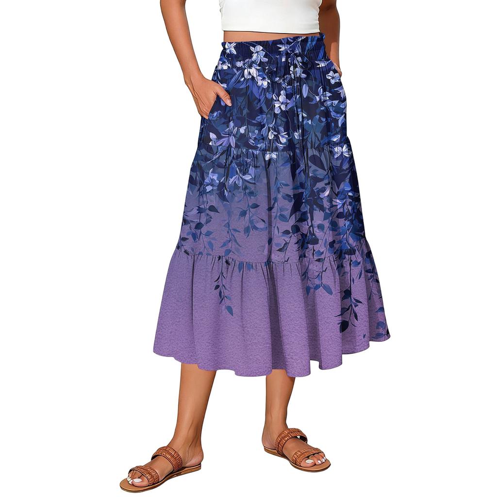 Maxirock für Damen mit Kordelzug, hohe Taille, lange Sommerröcke, leicht, gestuft, fließend, geblümt, Faltenröcke