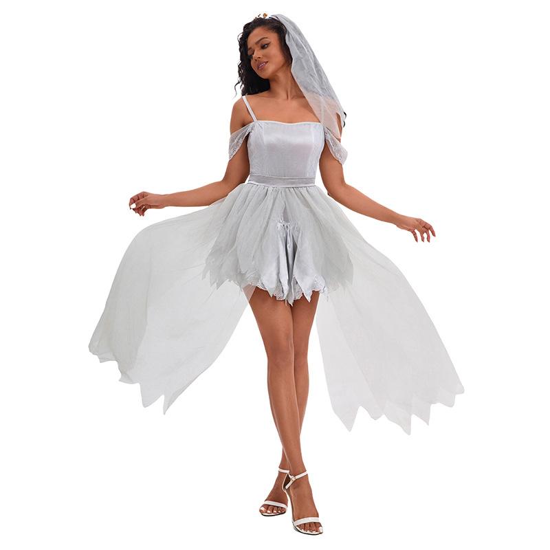 Bride Ghost White Gauze Long Dress Cosplay Costume Halloween Party Play Role