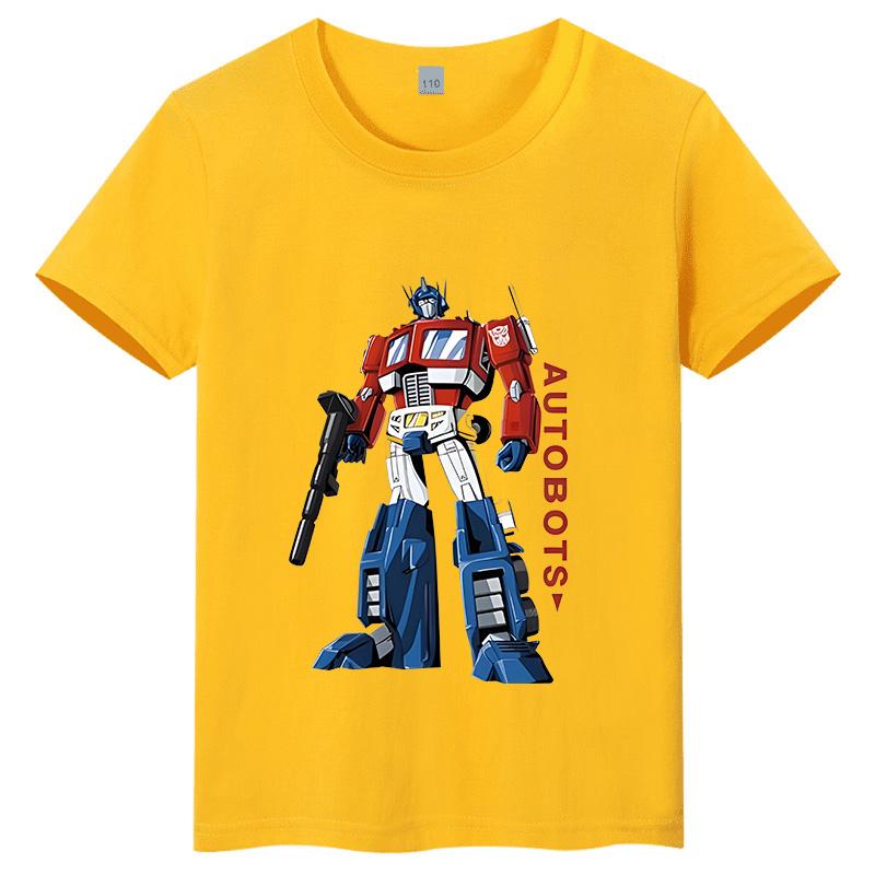 T-shirt per bambini in puro cotone con stampa cartone animato Optimus Prime dei Transformers, nuovo stile estate 2026, maglietta top per genitori e figli