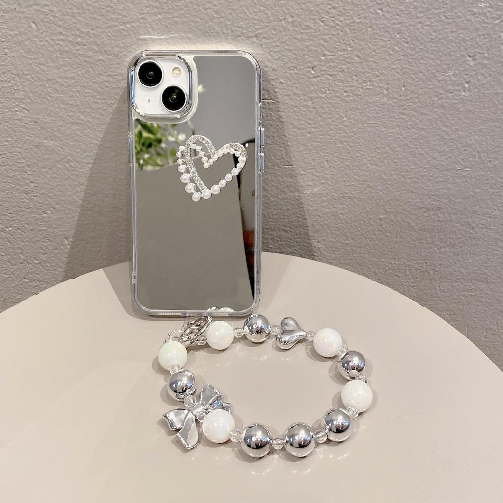 Mirror-applicable Apple 16PRO Silver Bow Mobile Phone Case IPhone 15/12 Bracelet Anti-fall Hard Protection Case