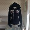 Womens Vintage Letter Embroidered Zip Hoodie Slim Fit Y2K Streetwear