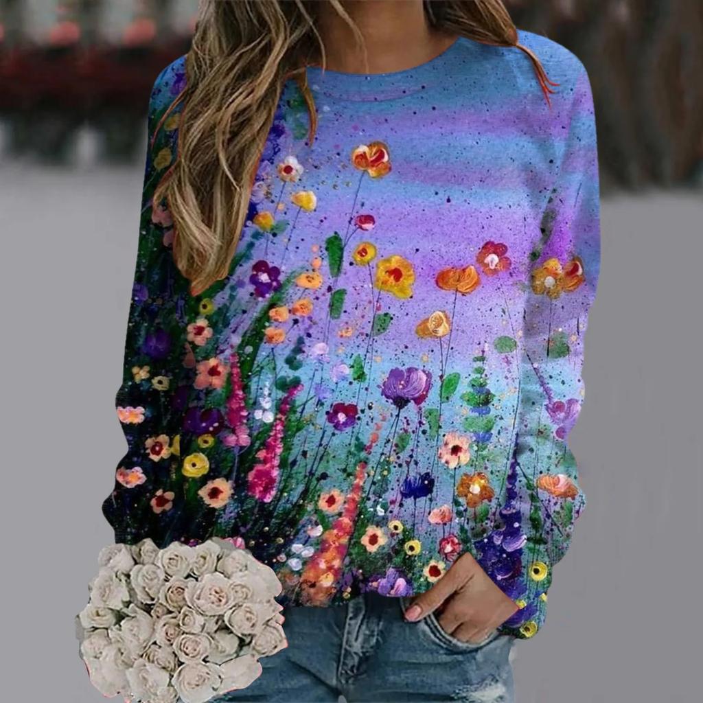 Fall Hot Sale Of The Season Women's Retro Casual Digital 3D Print Long Sleeve Round Neck Sweatshirt Street Style Polyester Fiber