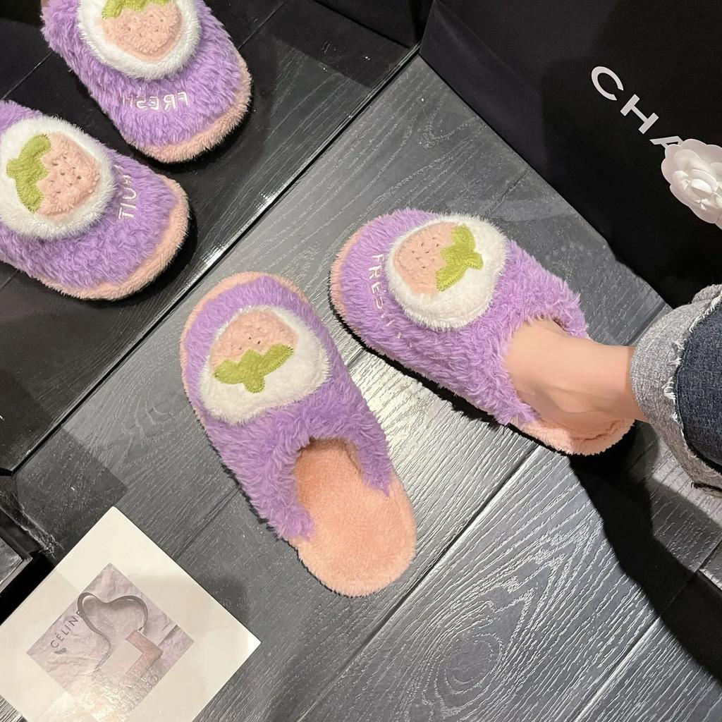 Fashion Winter Women Shoes Cute Cartoon Casual Home Shoe Fruit Furry Thick Warm Plush Footwear Flat Casual House Comfortable Slipper