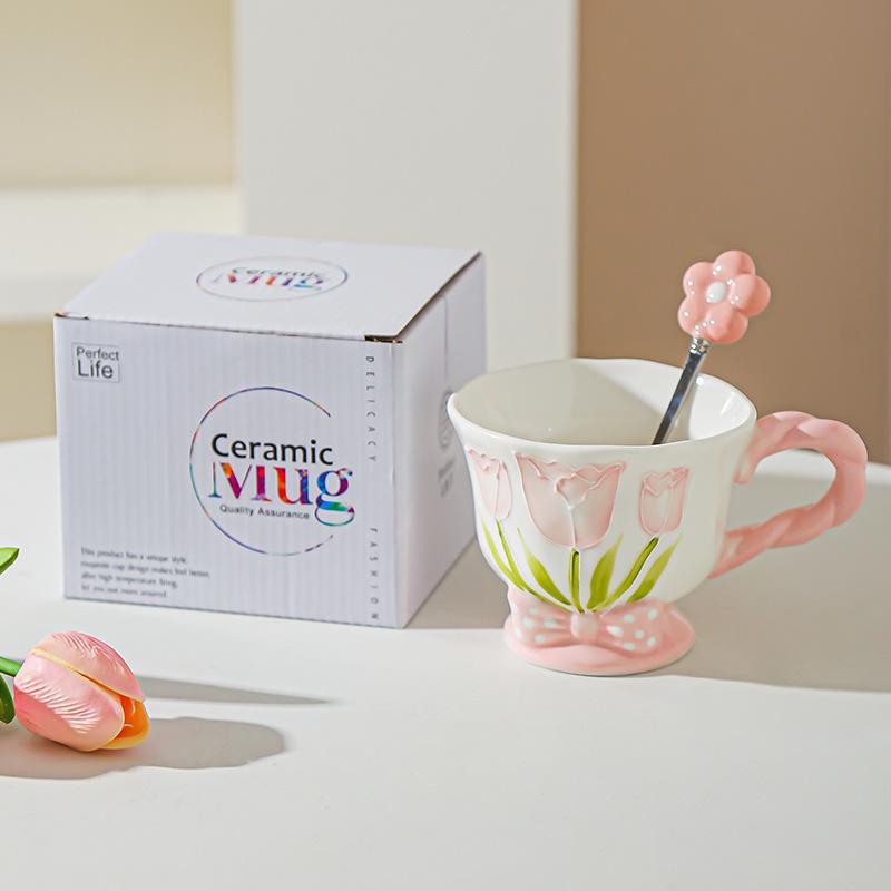 Tulip Ceramic Cup Hand Painted Relief High Looking Coffee Cup Mug Girl Heart Home Water Cup Souvenir