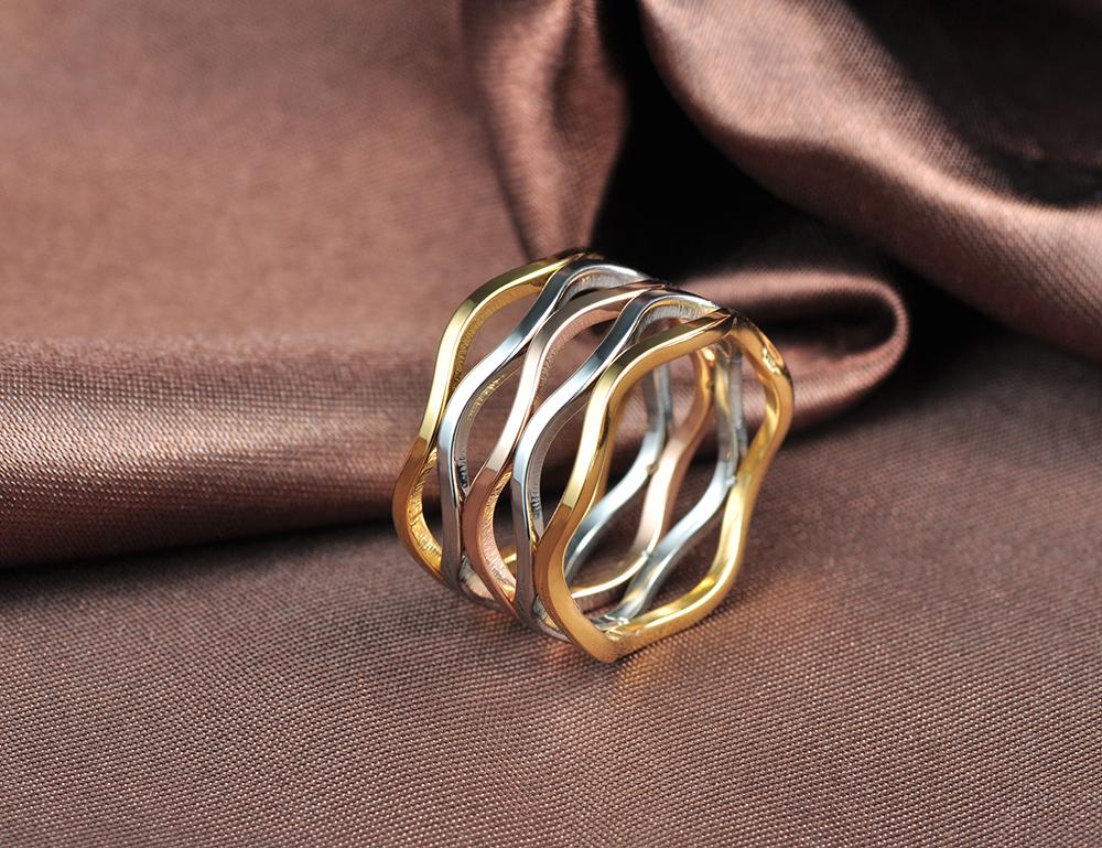 JeeMango Find Jewelry Ring Multicolor Wave Shape Multilayer Titanium Steel Engagement Wedding Ring For Women Bague Femme R17055