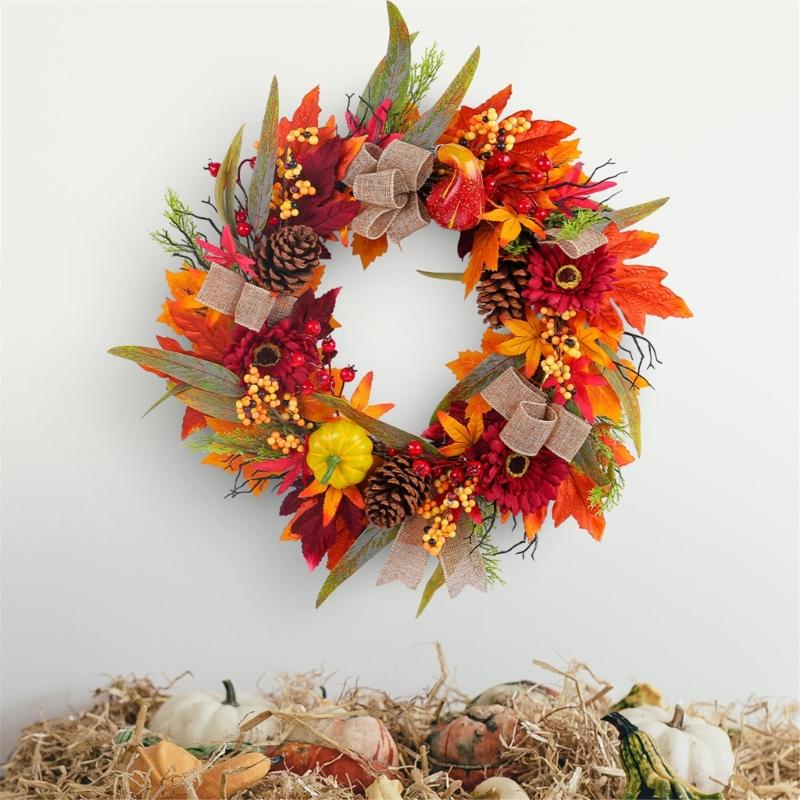 Artificial Autumn Wreath for Front Door Farmhouses Garden, Harvest Wreath with Pumpkins Thanksgiving Party Decorations