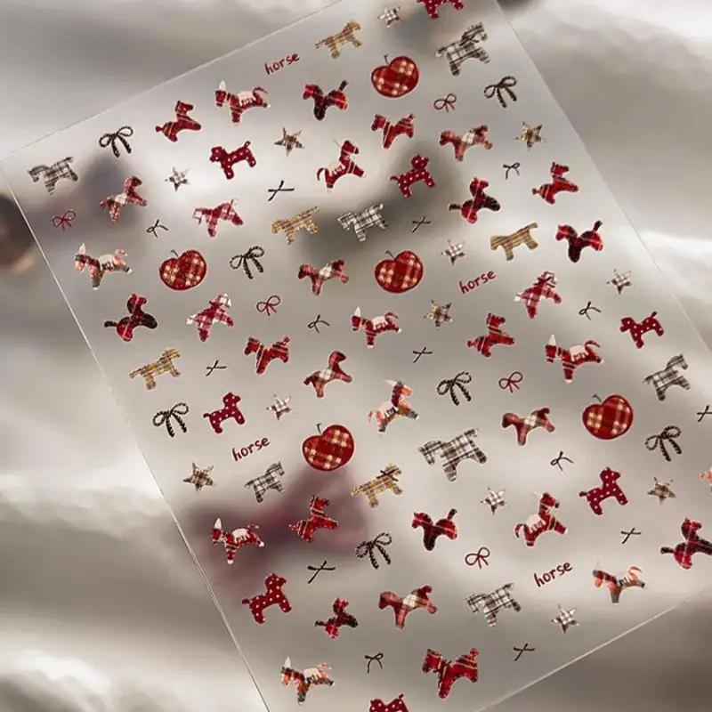 Cute Horse Bowknot Pony Nail Art Sticker Cartoon Lion Dance Manicure Decal New Year DIY Nail Art Decoration