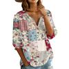 Women’s Casual Floral Print Henley Neck Button Down Cotton Linen Shirt with Three Quarter Sleeves Relaxed Fit Blouse Top