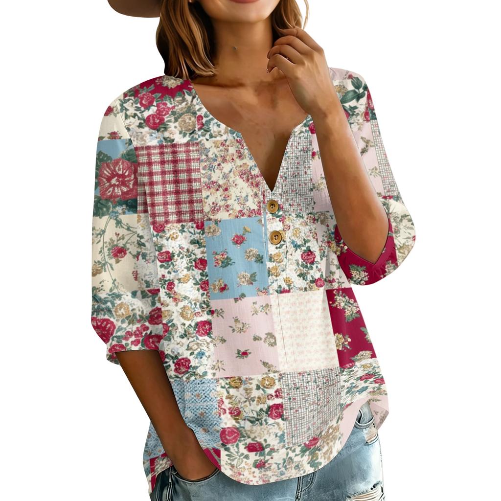 Women’s Casual Floral Print Henley Neck Button Down Cotton Linen Shirt with Three Quarter Sleeves Relaxed Fit Blouse Top