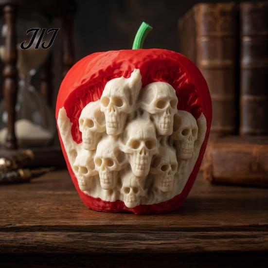 Decorative Skull Fruit Shells Halloween Pumpkin Apples Statue, 3D Printed Spooky Figurine with Creepy Miniature Home Ornaments Embedded Skulls,