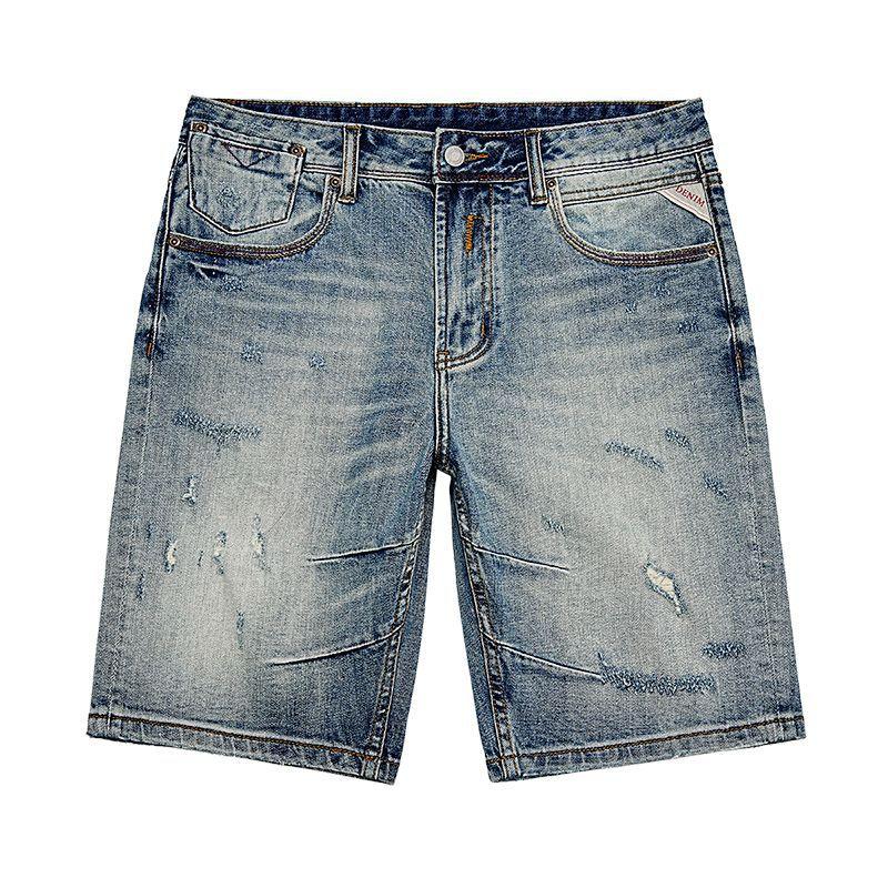 New Summer American Casual Denim Shorts Retro Straight Mid-tie Ripped Five-point Pants