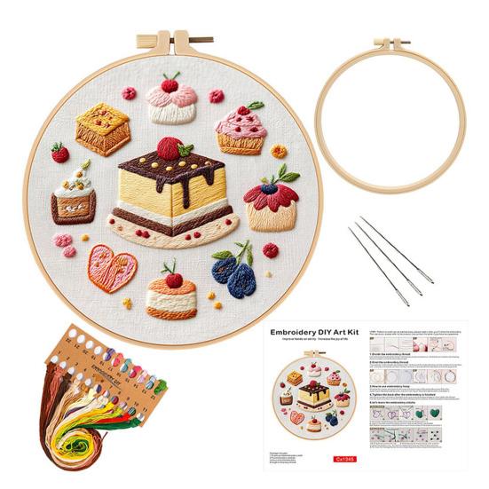 1 Set Cake Embroidery Kit with Hoop Threads Needles Pre-Stamped Dessert Cross Stitch Craft