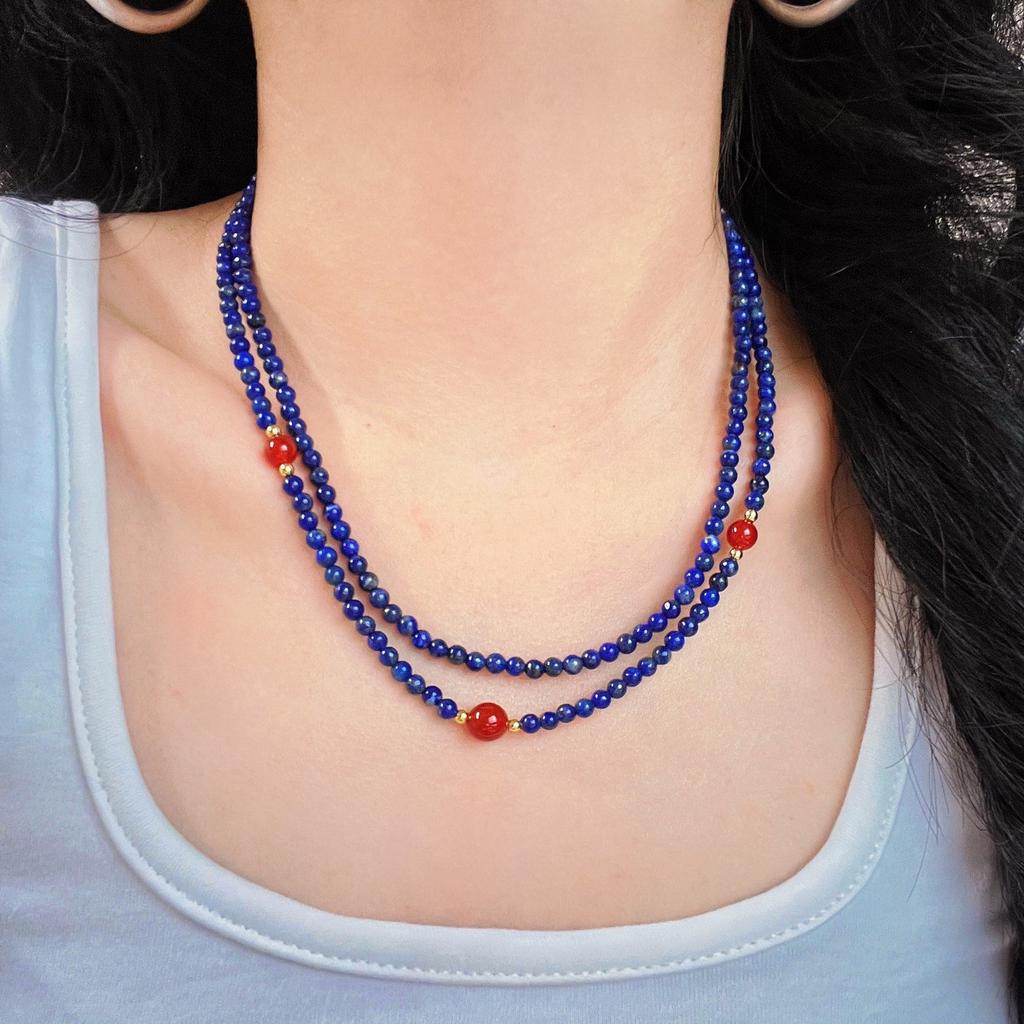 Vintage High-Quality Natural Lapis Lazuli Chalcedony Design Double-Layer Clavicle Chain Necklace