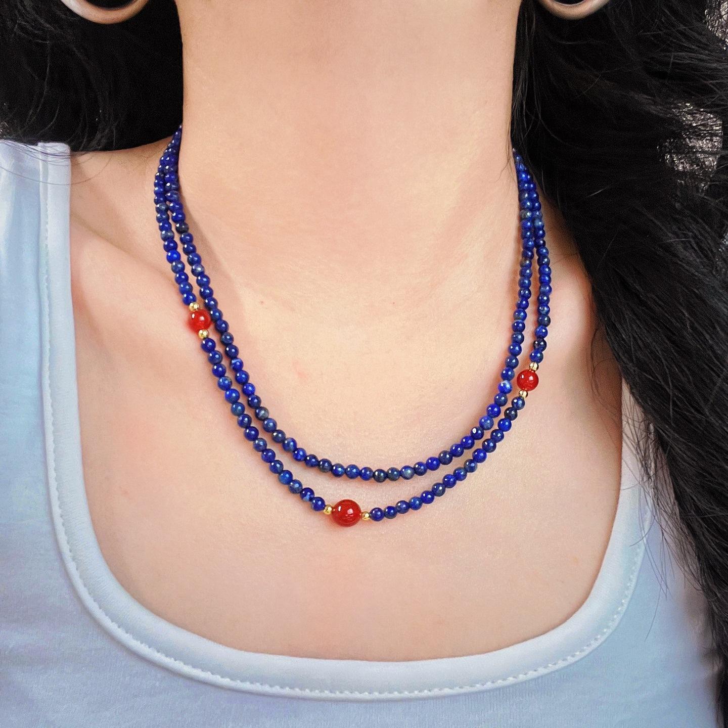 Vintage High-Quality Natural Lapis Lazuli Chalcedony Design Double-Layer Clavicle Chain Necklace