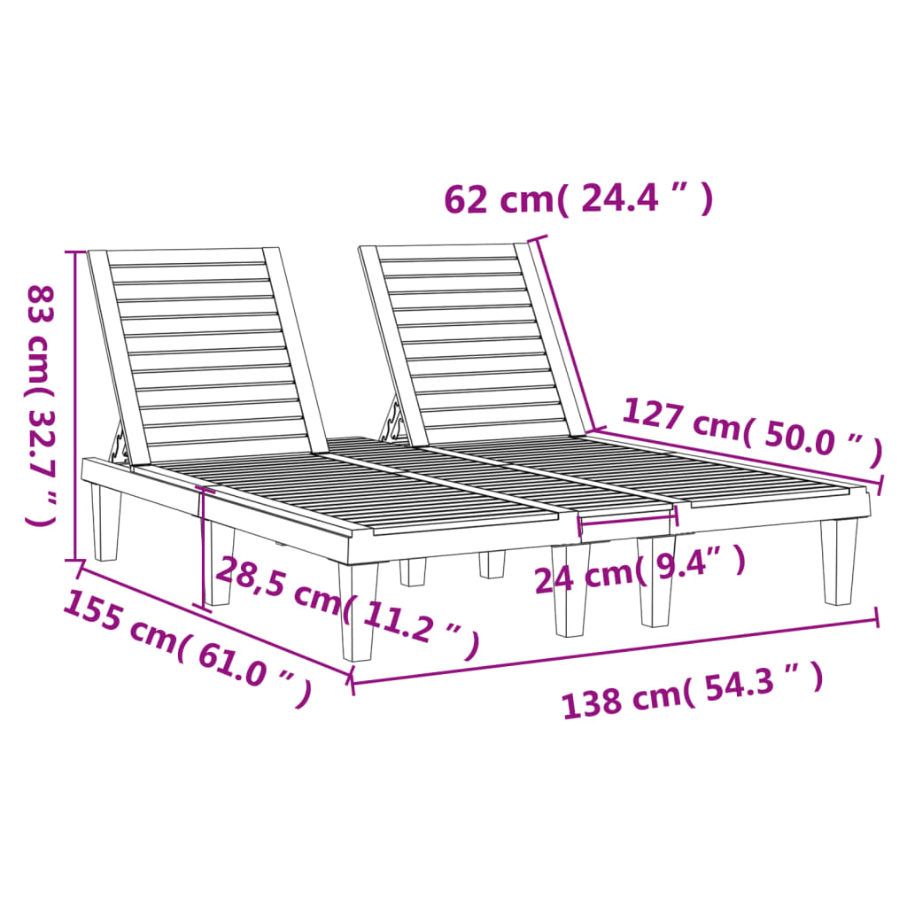 Double Sun Lounger Black 155 x 138 x 83 cm Polypropylene