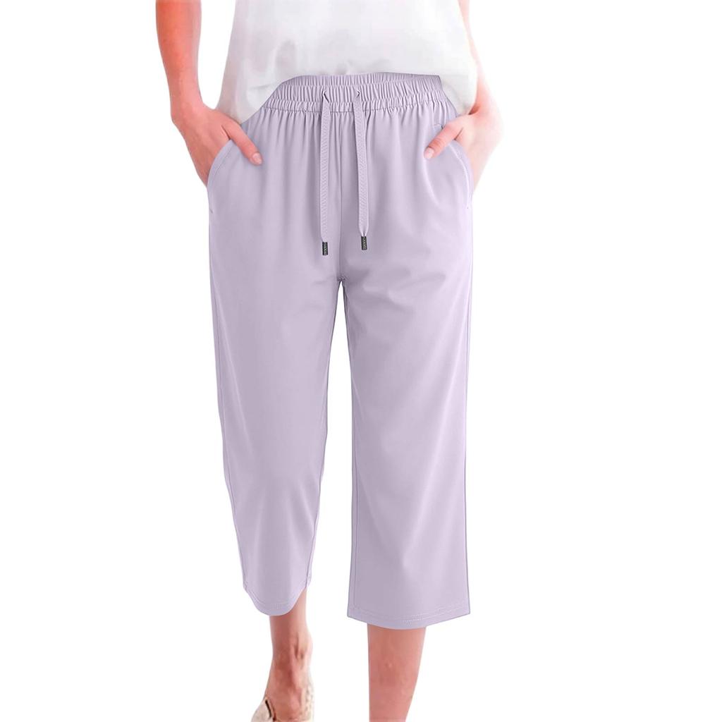 Women High Waist Wide Leg Cropped Pants with Drawstring Elastic Waistband Lightweight Breathable Quick Dry Casual Sports Trousers