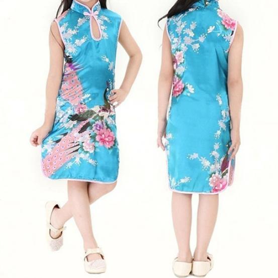 Elegant Children Girls Chinese Cheongsam Dress With Floral Peacock Pattern Sleeveless Summer Wear