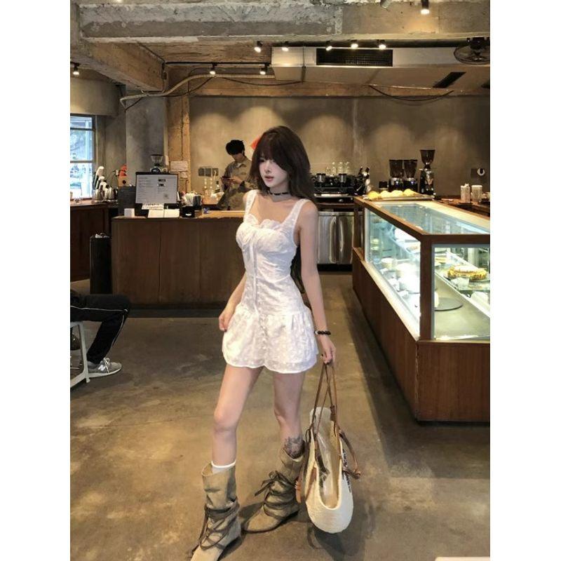 Kumikumi French Sweet Style Sexy Lace Sling Dress Women's Summer Waist-Tight Slim Looking A- line Skirt Skirt