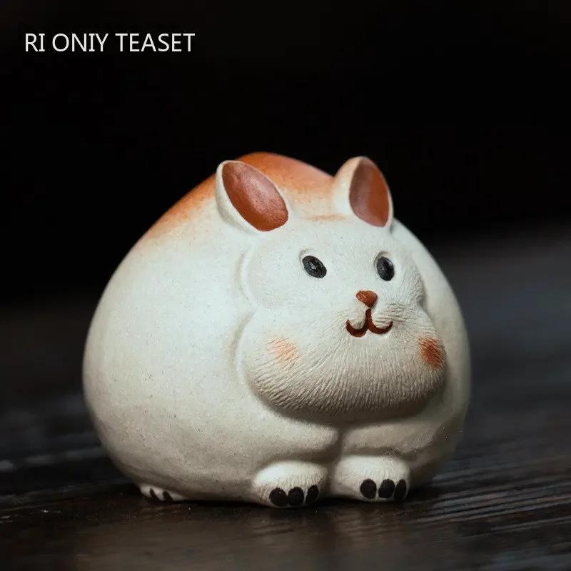 Chinese Yixing Purple Clay Tea Pet Decor Lucky Rabbit Statue Peach Model Ornaments Handmade Tea Figurine Tea Set Decoration