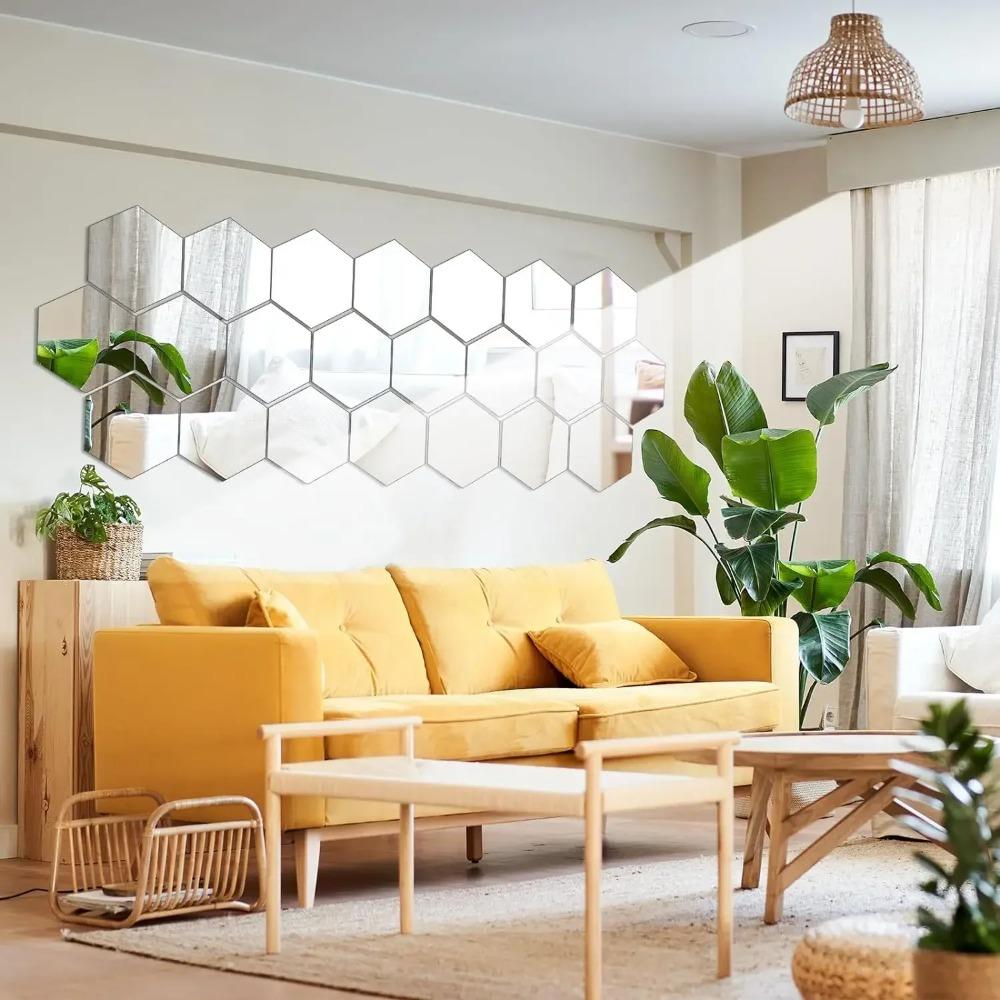 Sechseck Acryl 3D Spiegel Wandsticker Heimdeko DIY Selbstklebende Spiegelaufkleber Dekoaufkleber Kunst Wanddekoration Groß 6/12 Stück