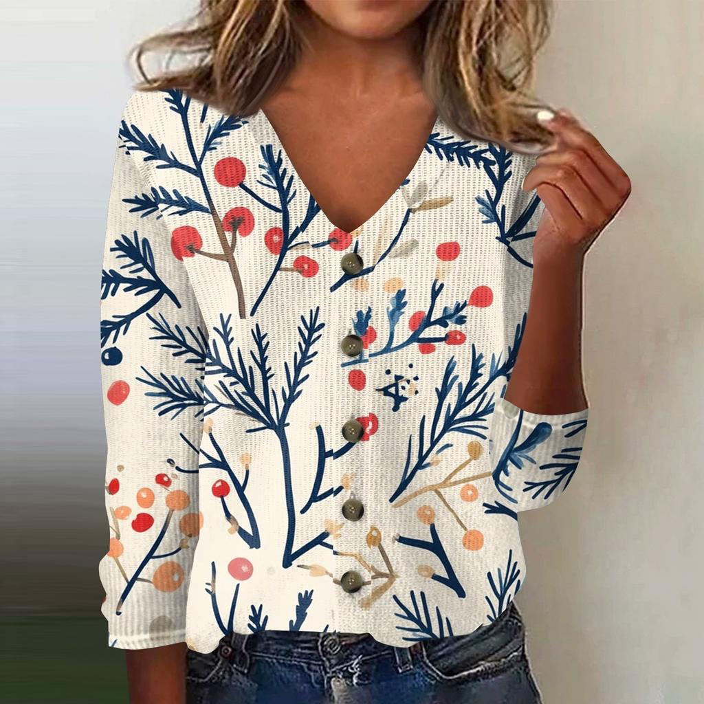 Women's Fashion Print Long Sleeve Knitted Cardigan Button Up Jacket