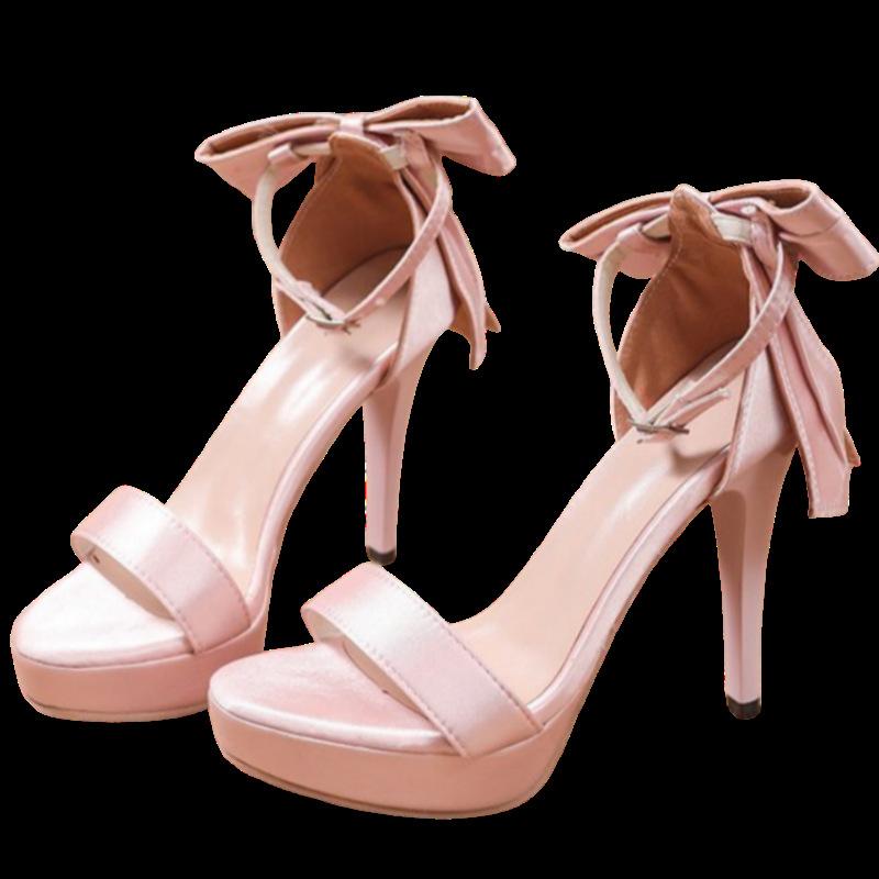 Lolita Ballett Bankett Ein-Wort Schnallensandalen Französisch Wasserdicht Tisch Champagner Schleife Stiletto Hohe Absätze Frauen