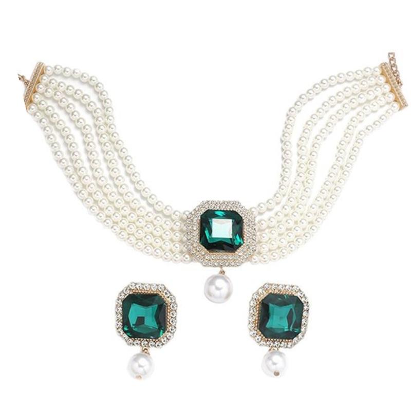 Pack Of 1 Set Elegant Multilayer Faux Pearls And Geometric Crystal Necklace and Earrings Set For Women Lady