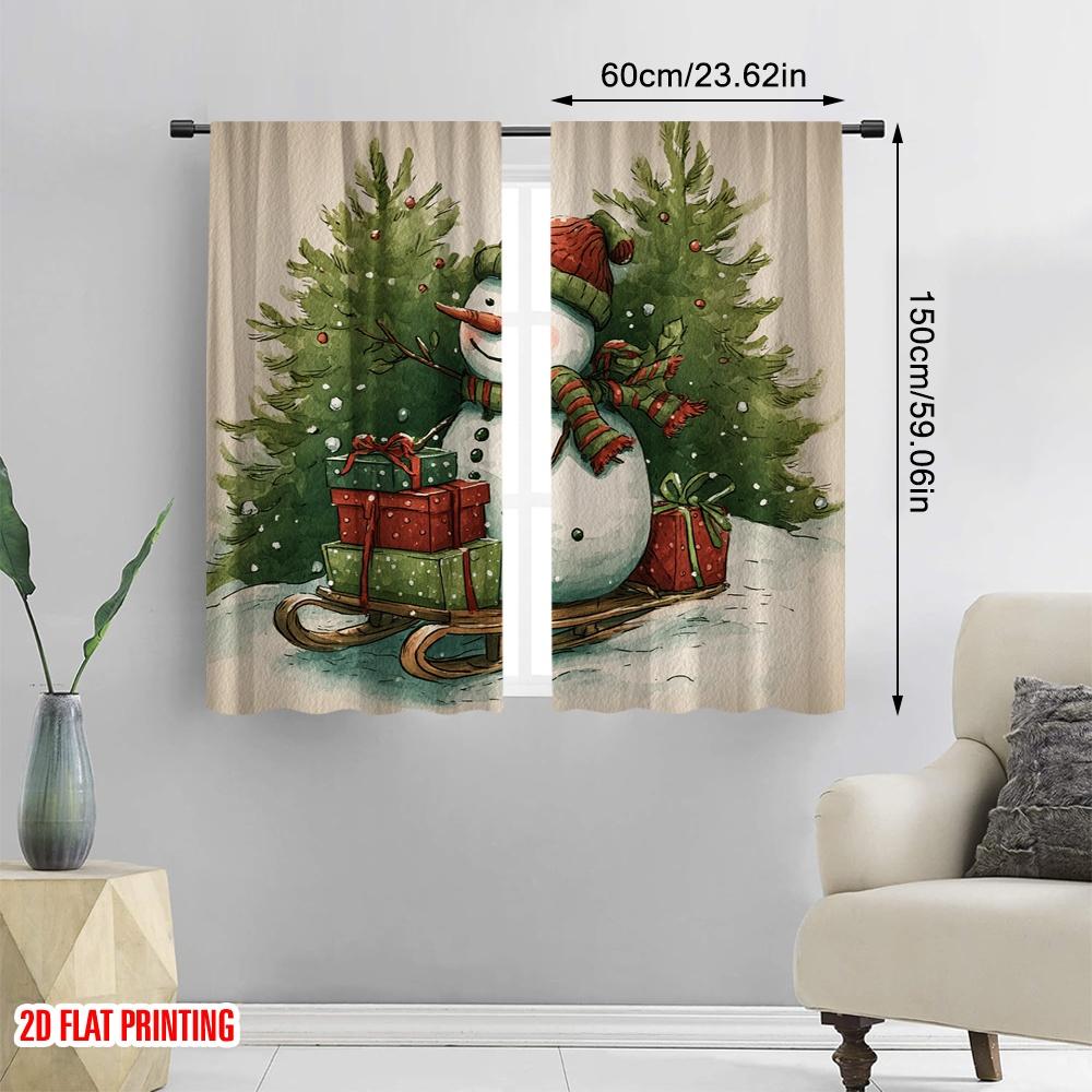 2pcs,2D plane printing Curtains&Window Treatment Snowman_ Tree & Holly Versatile Polyester Fabric (without rod) Room Decor