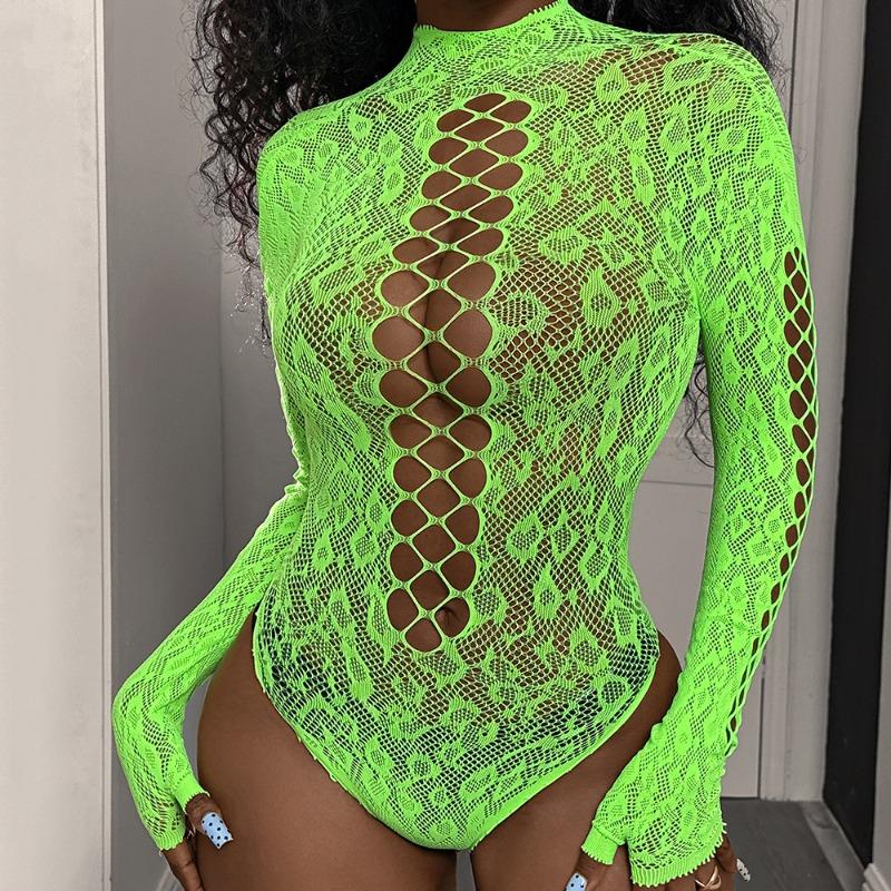 White silk erotic underwear, sexy temptation, jacquard cutout, tight bikini, long sleeves, turtleneck, one-piece mesh coat