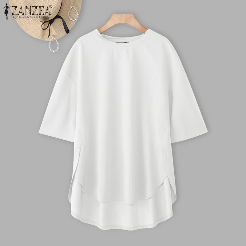 ZANZEA T-shirts Casuais Femininas de Gola Redonda, Bainha Irregular Soltas de Manga Curta