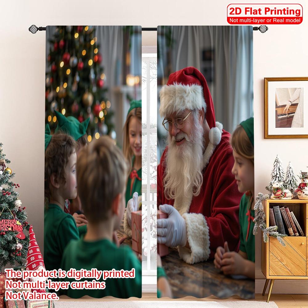 

2pcs 2D flat printing Merry Christmas Curtains Santa Workshop Festive Christmas Toys 100% Polyester Fabric Without Electricity 52.50×116.00 CM 2pcs