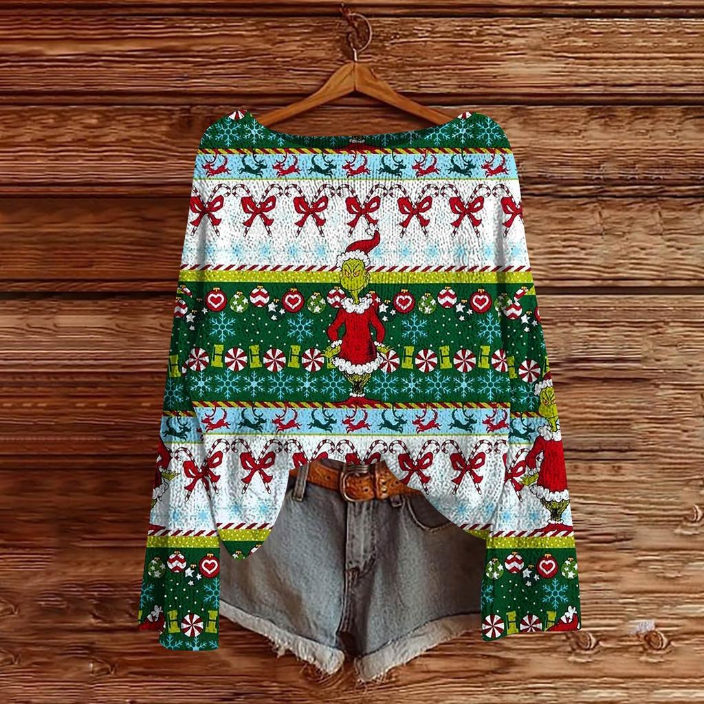 Women's Fashion Christmas Print Lightweight Sweater Casual Long-Sleeve Knit Pullover Top