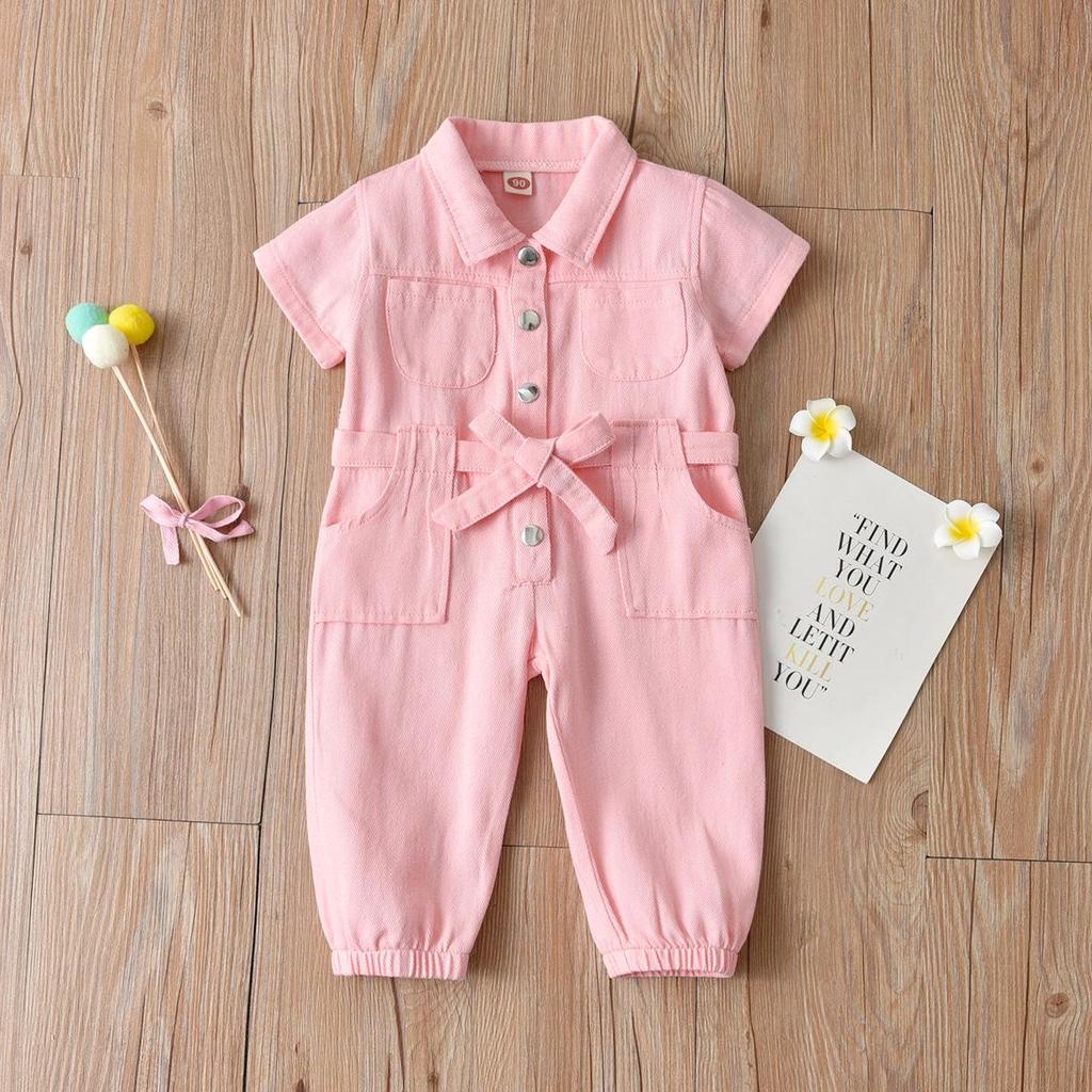 Girls' Pink Denim Short-Sleeve Jumpsuit with Turn-Down Collar
