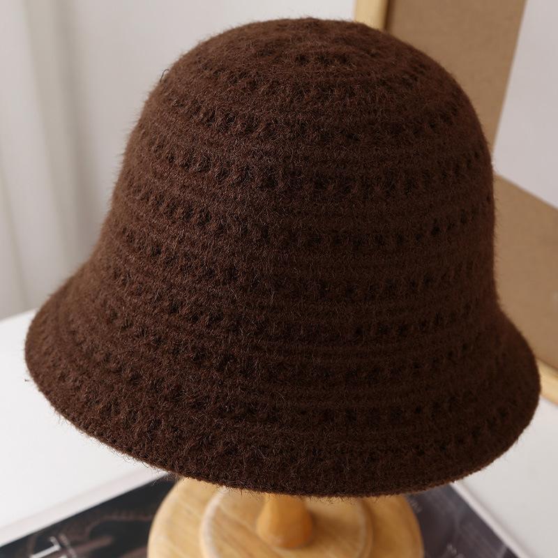 Hollow knitted bucket hat women's spring and autumn new solid color versatile basin hat showing small face breathable sunshade bucket hat