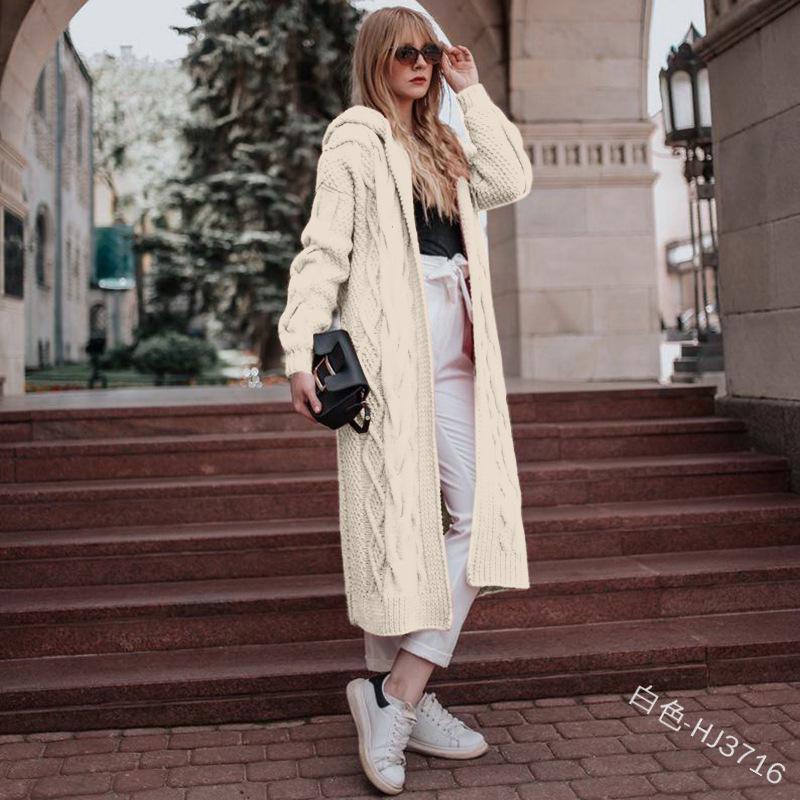 2026 European & American Solid Color Hooded Long Cardigan: Autumn/Winter Cable Knit Sweater for Women