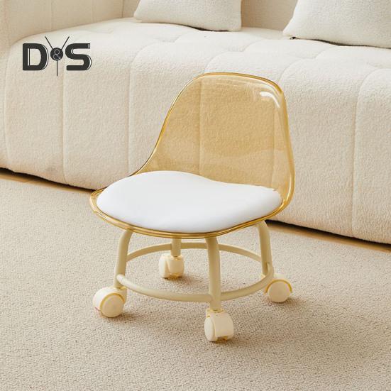 Acrylic Low Stool with 360 Degrees Swivel Wheels Faux Leather Cushion Roller Seat with Backrest Heavy Duty Rotating Mini Chair Seating Stool