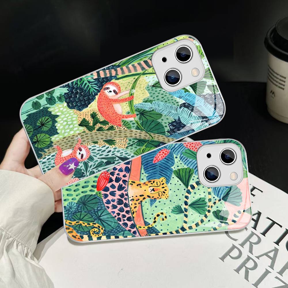 Jungle Art Illustration Snake Cats Sloth Tempered Glass For Iphone 14 13 12 11 Pro Mini XS MAX 14Plus X XS XR Fundas