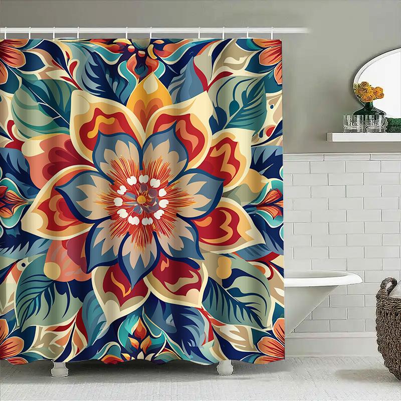 Multicolored Floral Shower Curtain Modern Bath Decor, Waterproof Fabric Home Bathroom Decoration Red, Blue, Yellow Flowers Desig