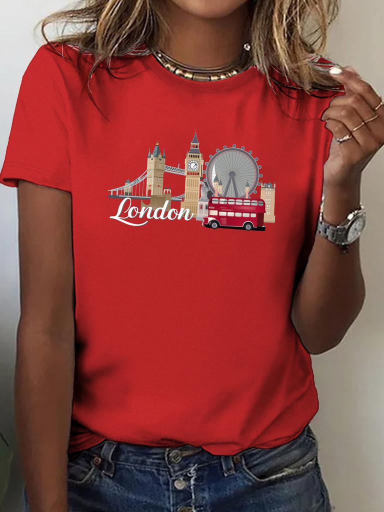 London Landmarks Illustration Print Tshirt Womens Harajuku Short Sleeve Casual Womens Tshirt Clothing Street Tops Tees