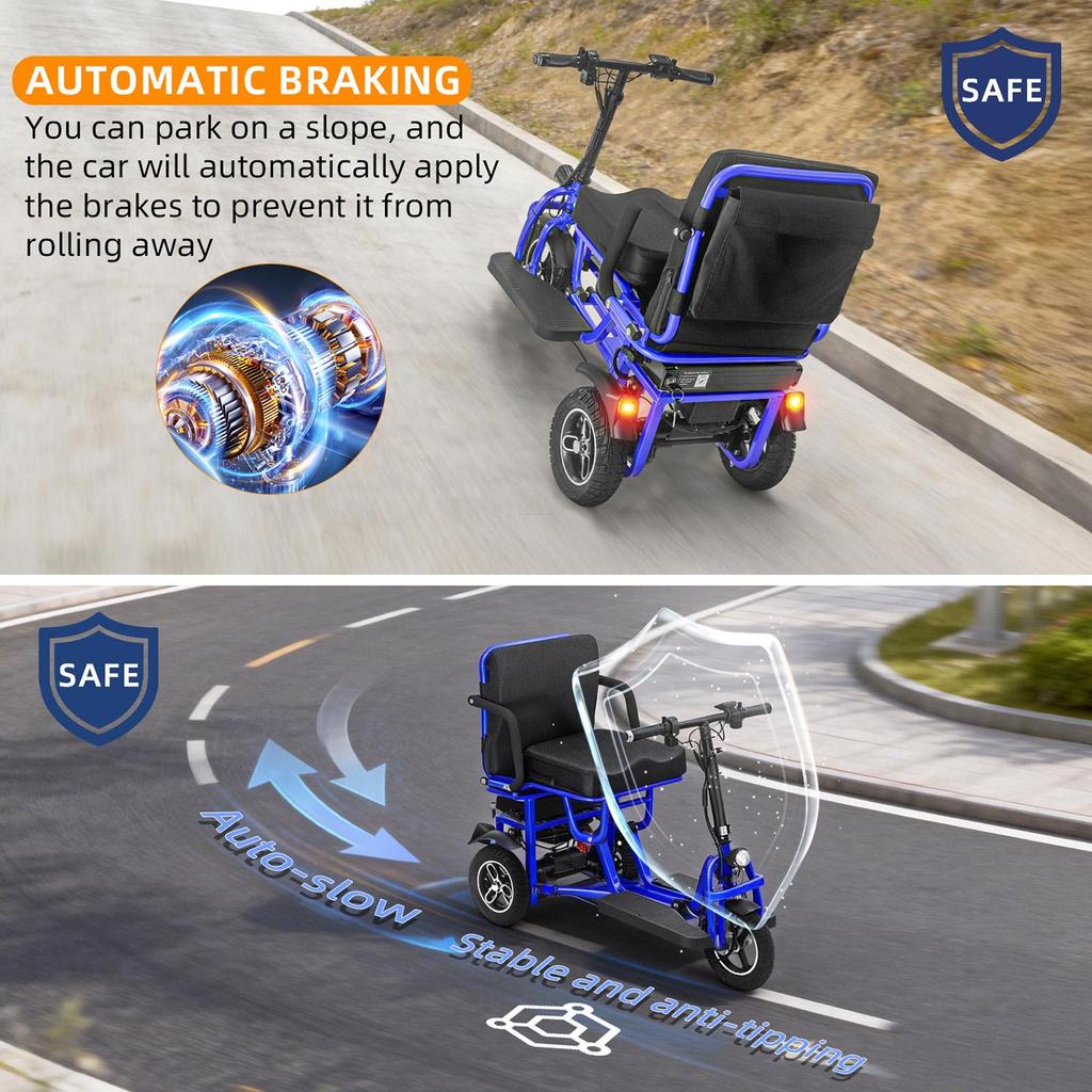 Přenosný skládací elektrický skútr červený, se 3 koly, dvěma motory