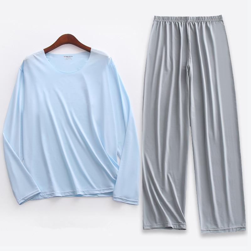 Übergröße 5XL Herren Eis Seide Pyjama Set Einfarbig Langarm Oberteile und Hosen Nachtwäsche 2-teilige Sets Weich Bequem Lounge Haus Nachtwäsche Männlich