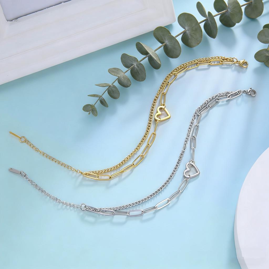 Heart Charm Bracelet Women's Stainless Steel Double Layer Paper Clip Chain Bracelet Jewelry Valentine's Day Gift New