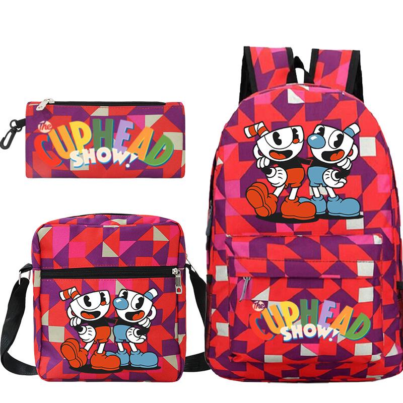 Cartoon Teacup Head Cuphead Student Backpack Oblique Span Bag Pencil Bag Primary And Secondary School Students Children'S Schoolbag Three-Piece Set
